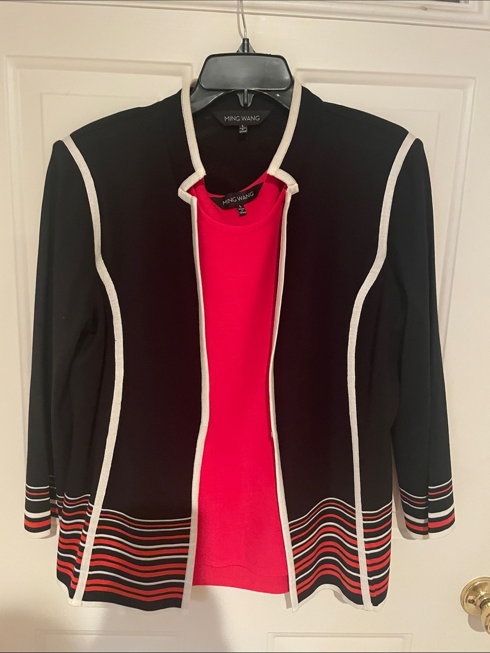 Two-Piece Ming Wang Cardigan Set. Black with White and Coral Trim